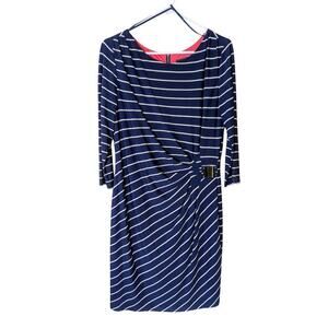 Jessica Howard Stretch Ruched Hip Sheath Dress Navy/White Stripes Size 12P
